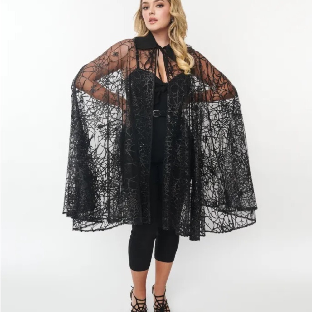 Unique Vintage Black Lace spider web sheer cape